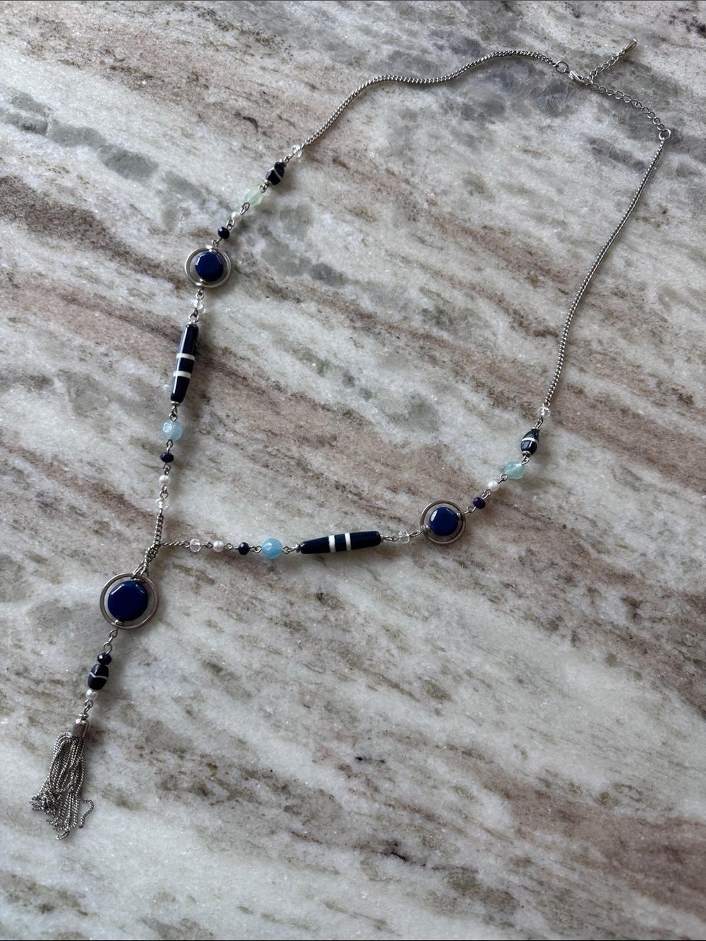Silver and Navy Beaded Tassel Necklace - Elegant Layered Style